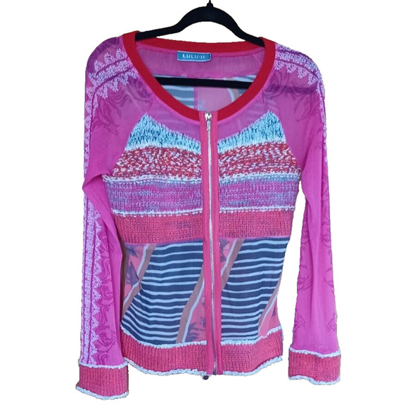 Lulu Sweaters - LULU-H Multi Media Zip up Cotton Blend Lacy Sheer Cardigan Pink Women's Small